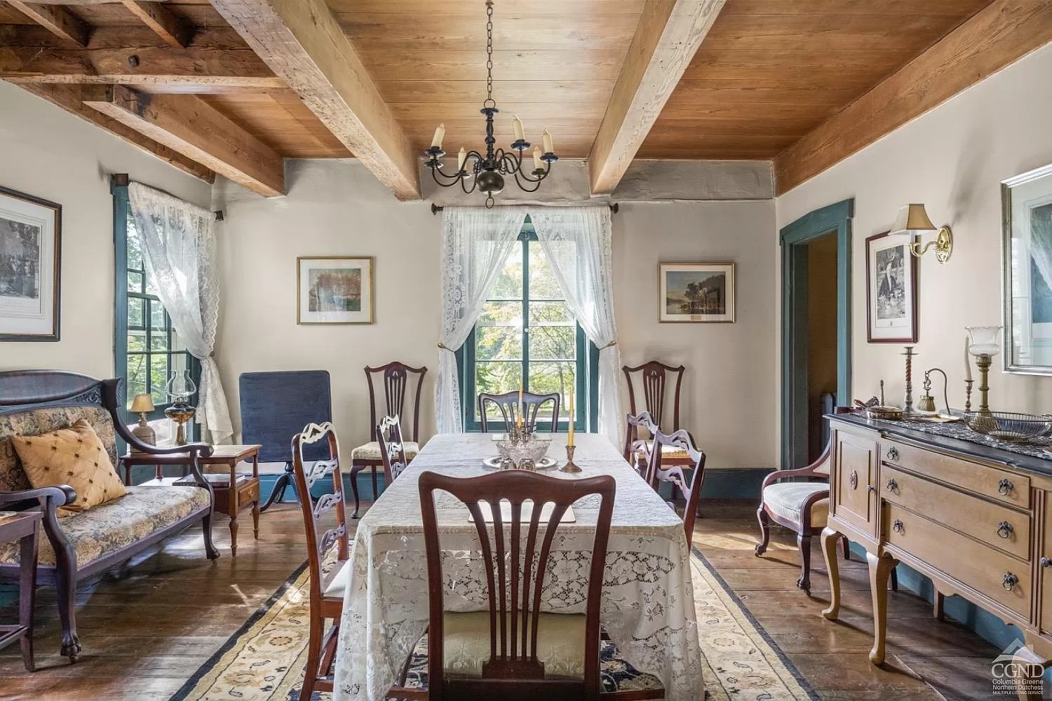 Dutch stone house ceiling beams in dining room